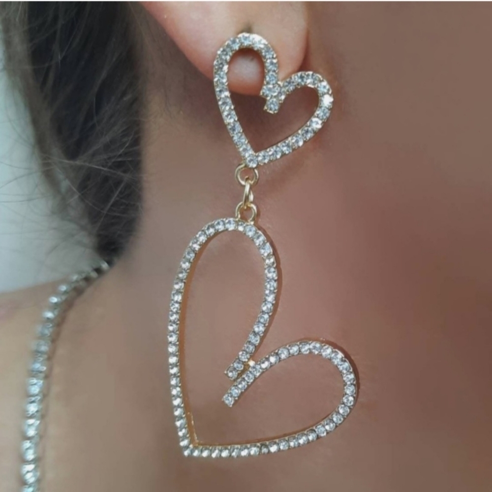 Earrings Rhinestone Double Heart Drop - Picture 8 of 16